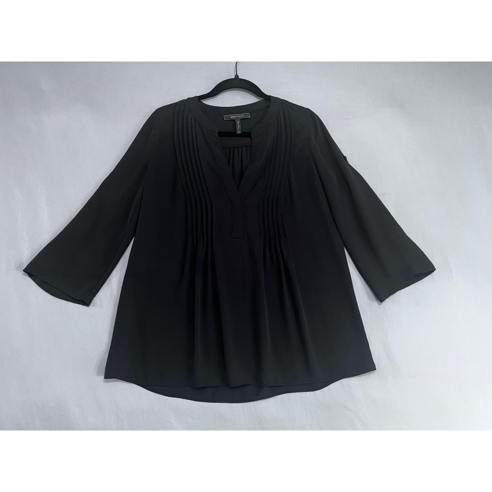 BCBGMAXAZRIA Black Pintuck Pleated Split Neck Roll Tab Sleeve Blouse XXS